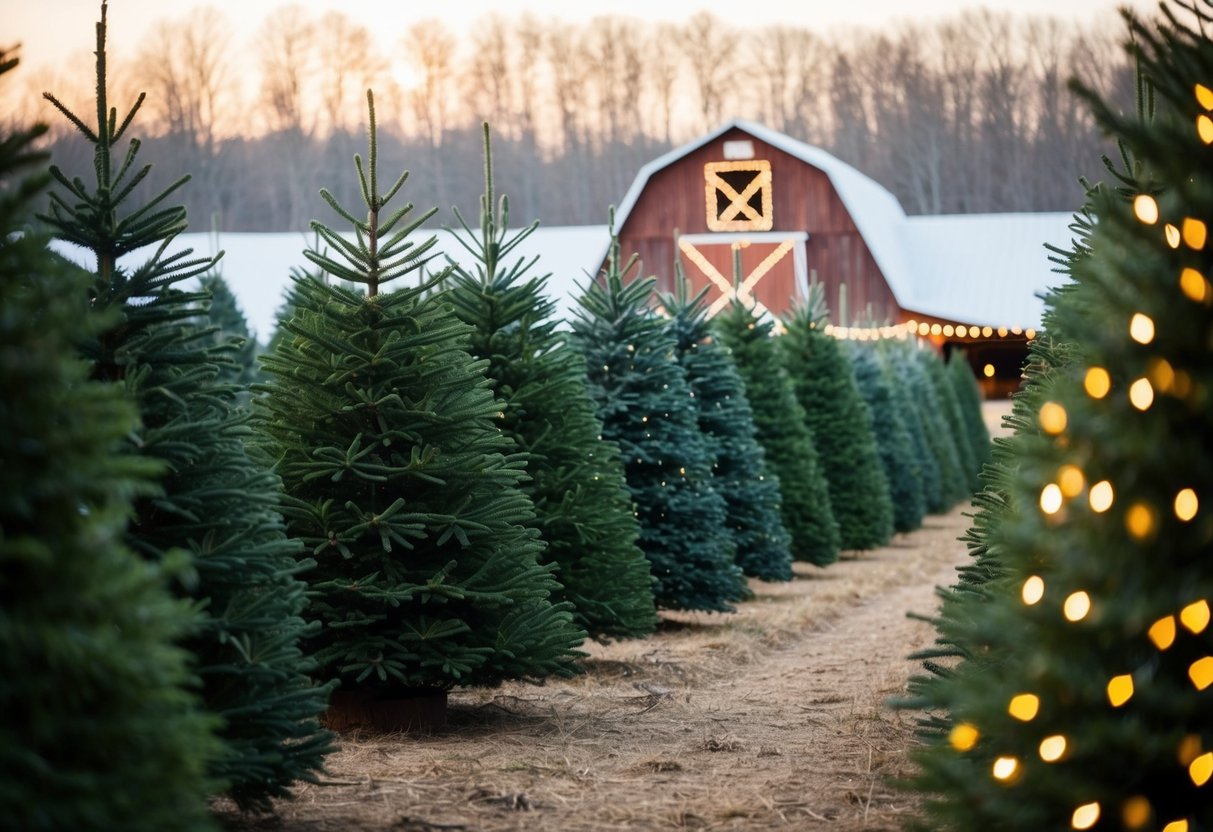 A cozy Christmas tree farm with rows of evergreen trees, a rustic barn, and twinkling lights creating a festive atmosphere