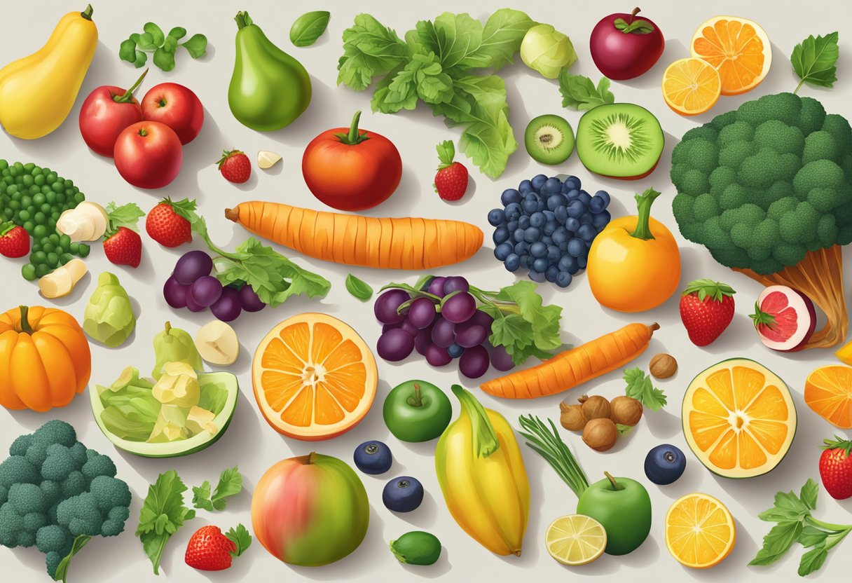 Une variété colorée de fruits et légumes d'hiver disposés sur une table, avec une variété de vitamines et de nutriments clairement visibles.