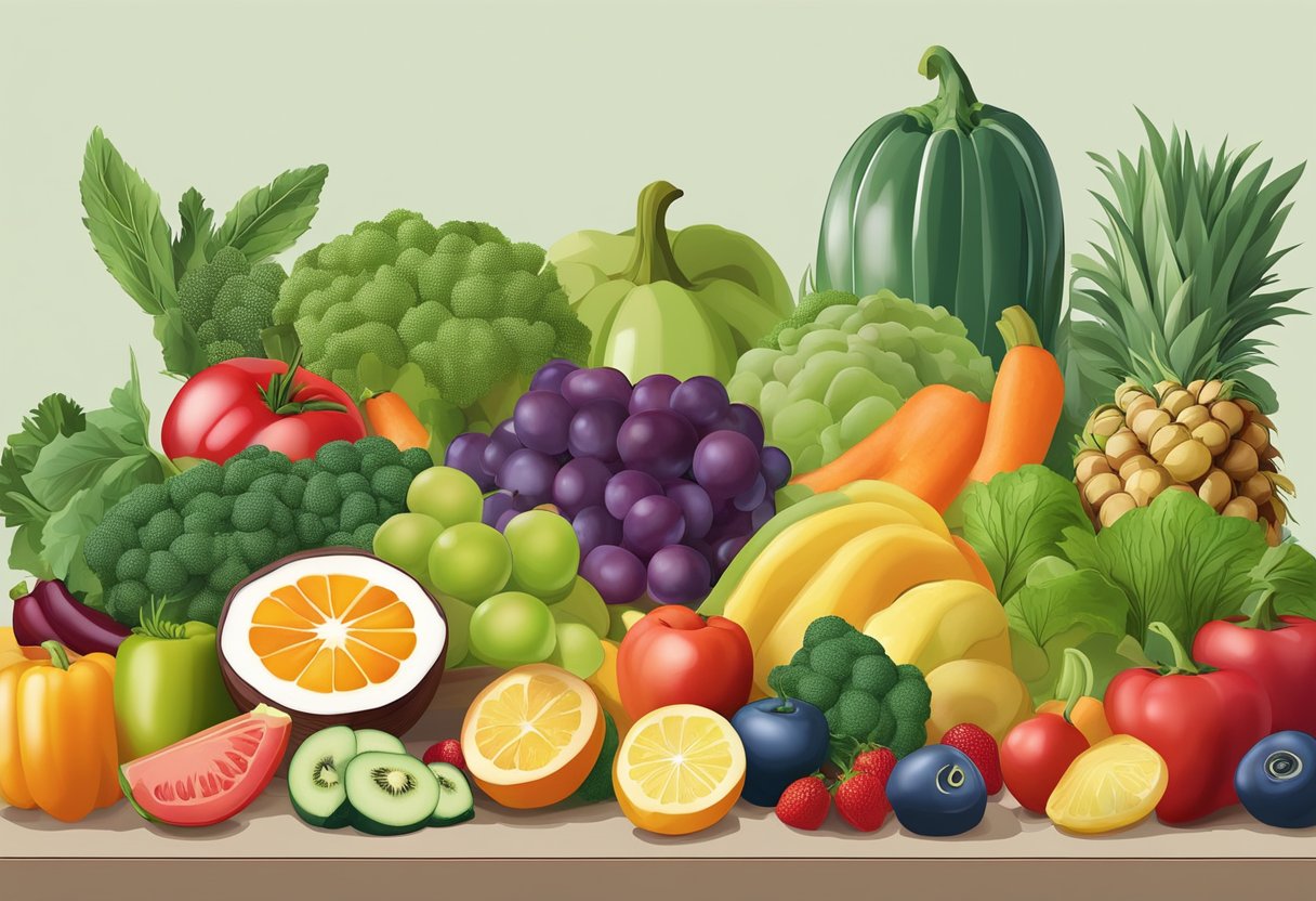 Une variété colorée de fruits et légumes frais disposés sur une table, avec une variété de formes et de tailles, mettant en valeur un régime hivernal équilibré et nutritif.