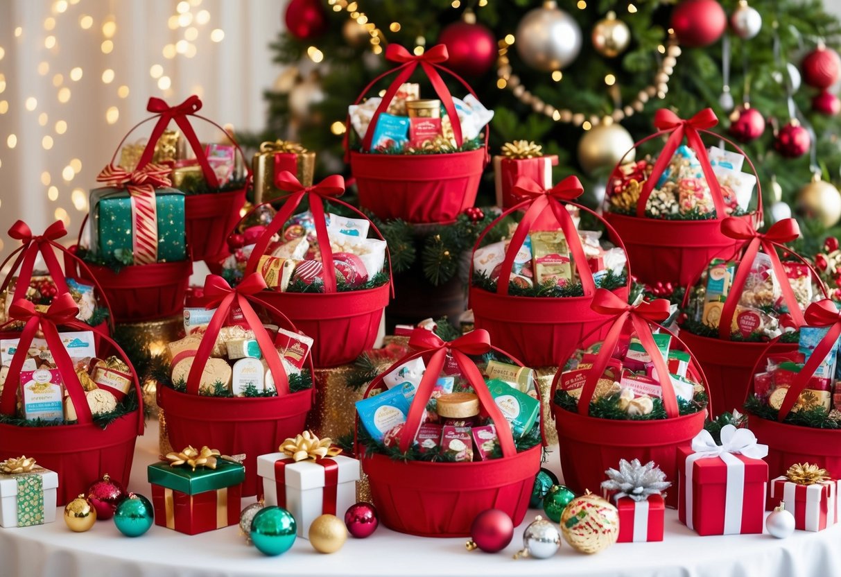 A festive table filled with 15 beautifully arranged Christmas gift baskets, each overflowing with a variety of holiday-themed goodies and treats