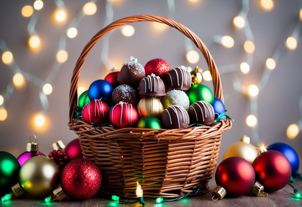 A festive basket filled with gourmet chocolate truffles, surrounded by colorful Christmas ornaments and twinkling lights