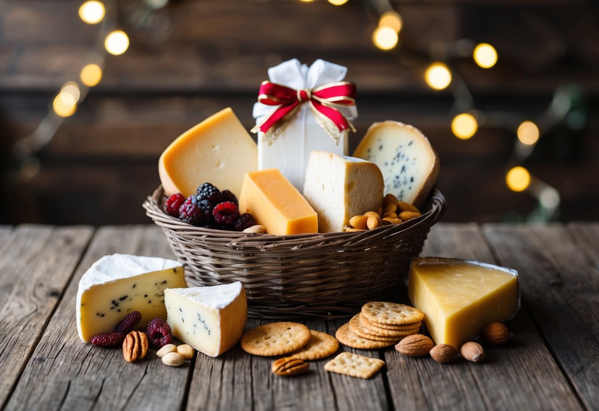 A rustic wooden table displays a variety of artisanal cheeses, accompanied by dried fruits, nuts, and crackers. A festive bow adorns the basket