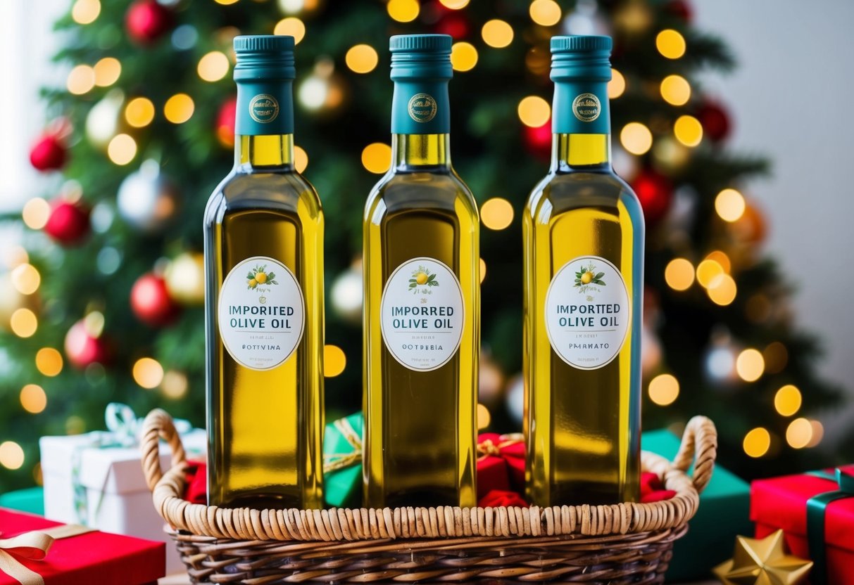 A trio of imported olive oil bottles arranged in a festive Christmas gift basket with other gourmet items