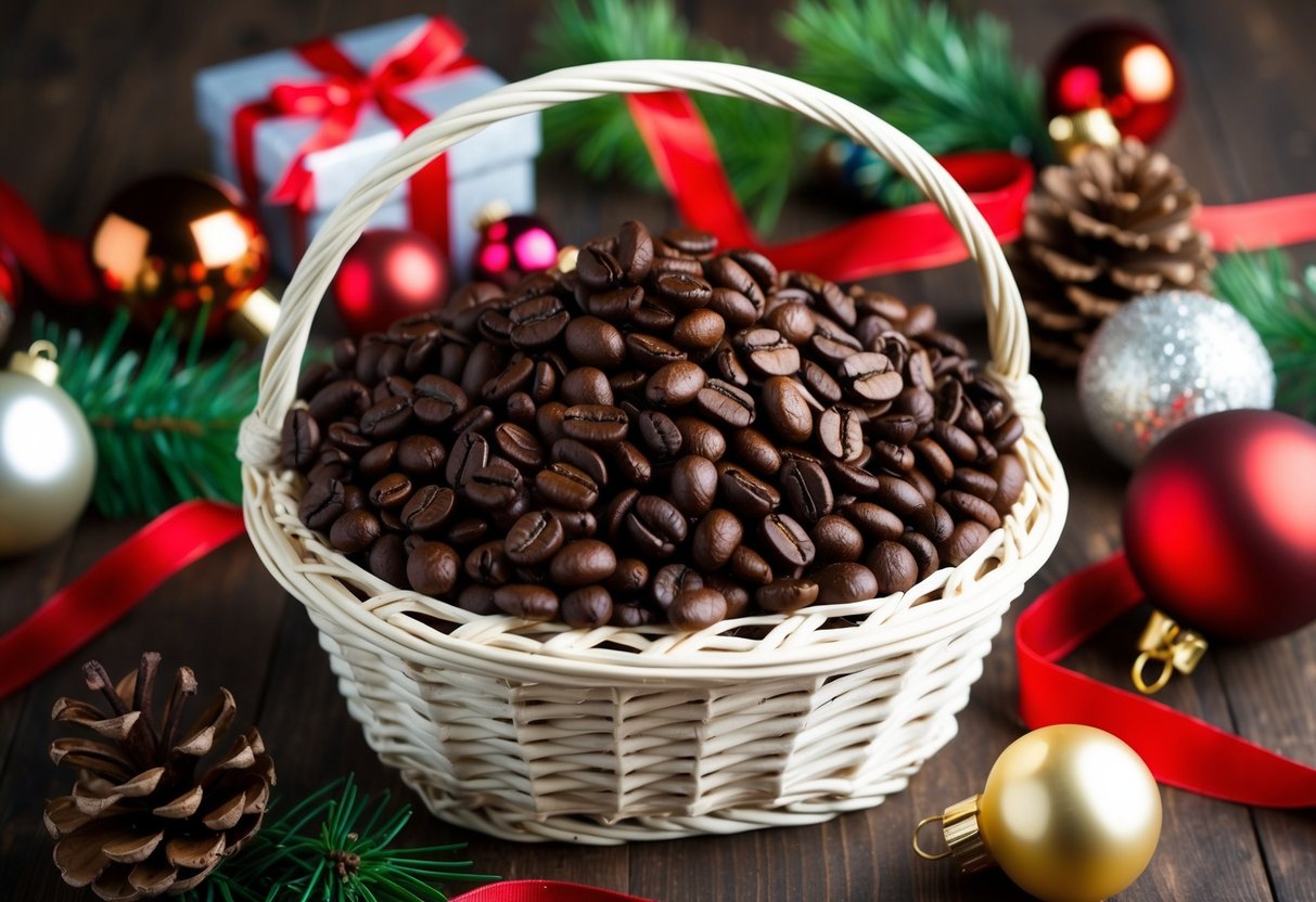 A festive basket filled with premium roasted coffee beans, surrounded by various Christmas-themed items such as ornaments, ribbons, and pinecones