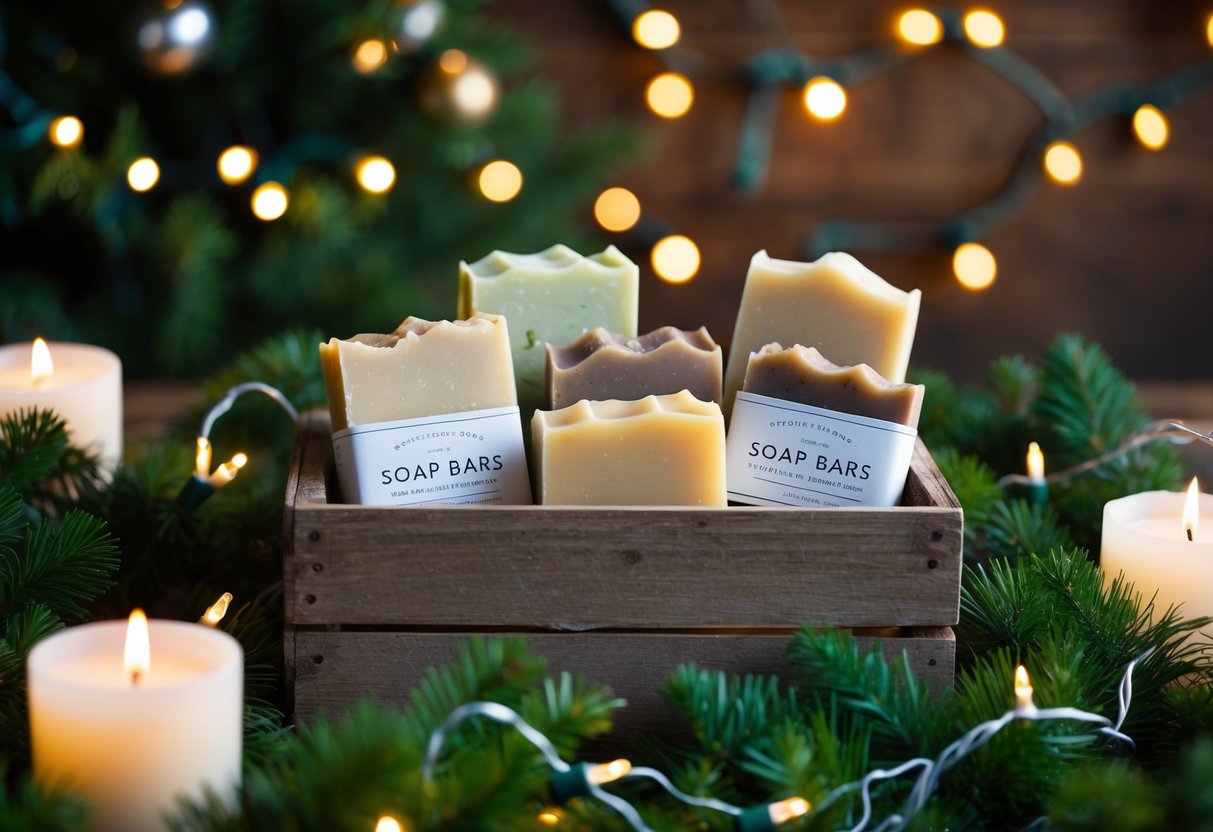 A rustic wooden crate filled with various handcrafted soap bars, surrounded by festive greenery and twinkling fairy lights