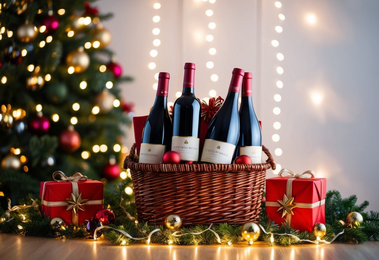 A festive Christmas gift basket filled with exquisite red wine bottles, surrounded by holiday decorations and twinkling lights