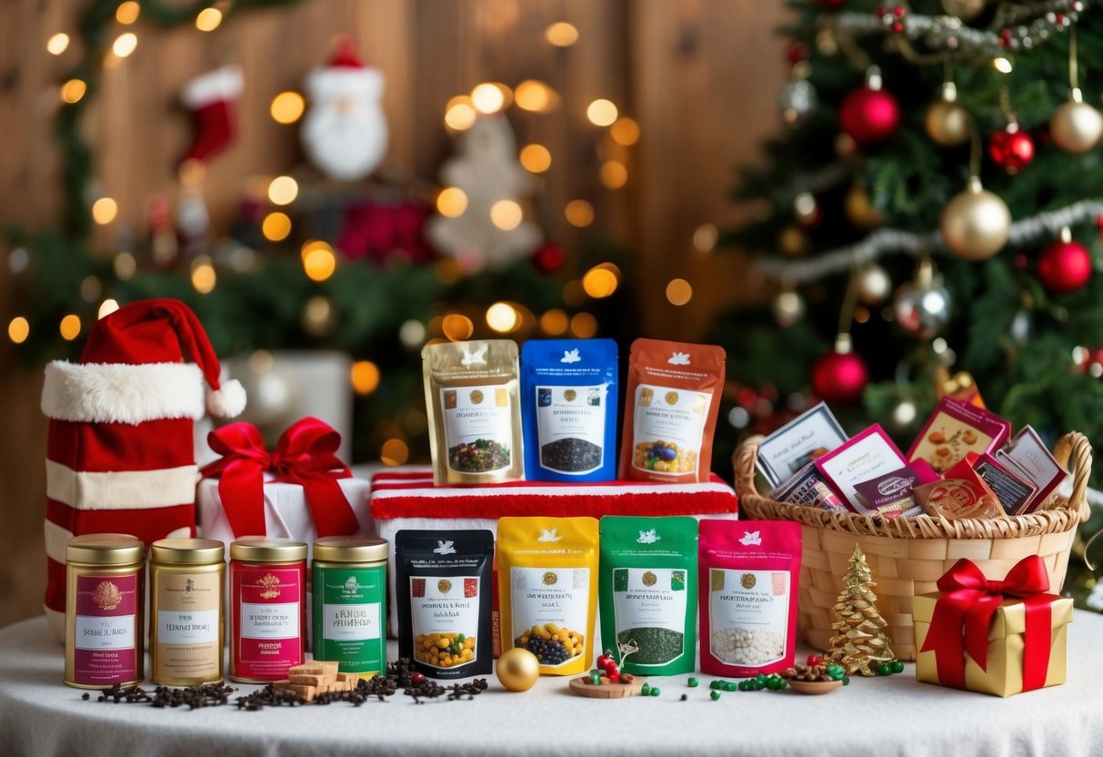 A cozy holiday scene with a variety of tea samplers, festive decorations, and gift baskets arranged on a table