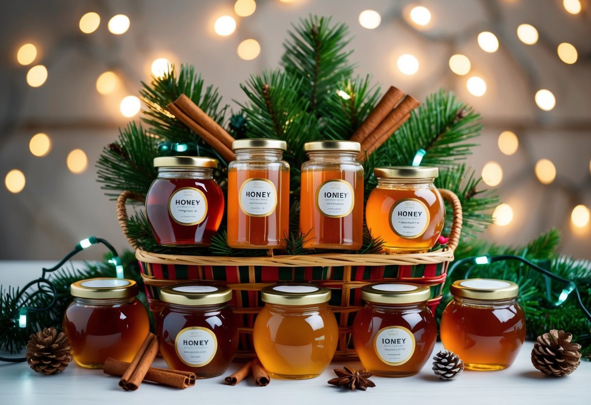 A festive gift basket filled with a variety of organic honey jars, surrounded by pine branches, cinnamon sticks, and twinkling Christmas lights