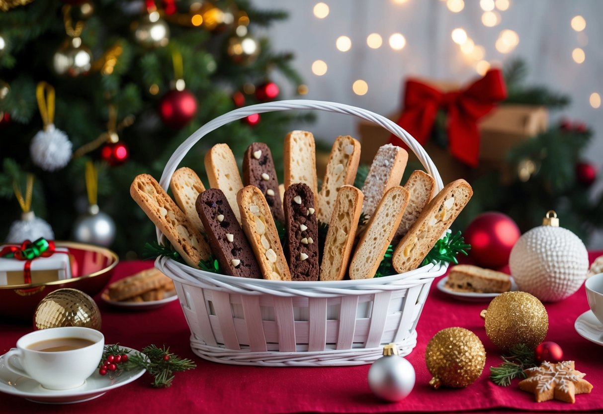 A festive table with a variety of fancy biscotti arranged in a gift basket, surrounded by Christmas decorations and holiday-themed accents