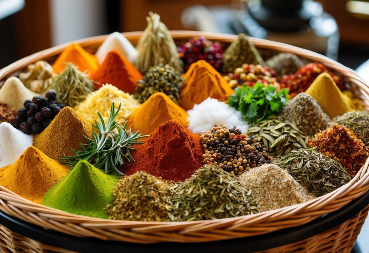 A wicker basket filled with an assortment of vibrant and aromatic spices, dried herbs, and exotic seasonings arranged in an inviting display