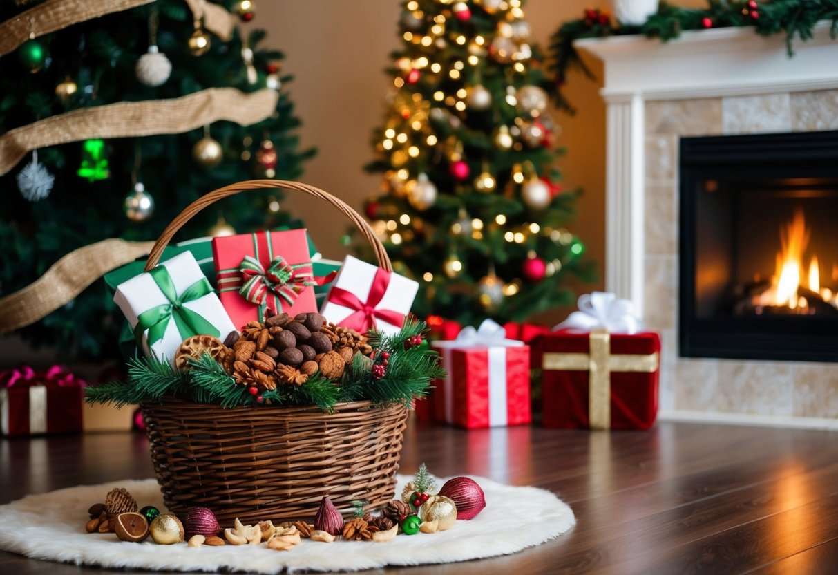 A cozy living room with a crackling fireplace, decorated Christmas tree, and a beautifully arranged gift basket filled with an assortment of fine nut blends and festive holiday accents