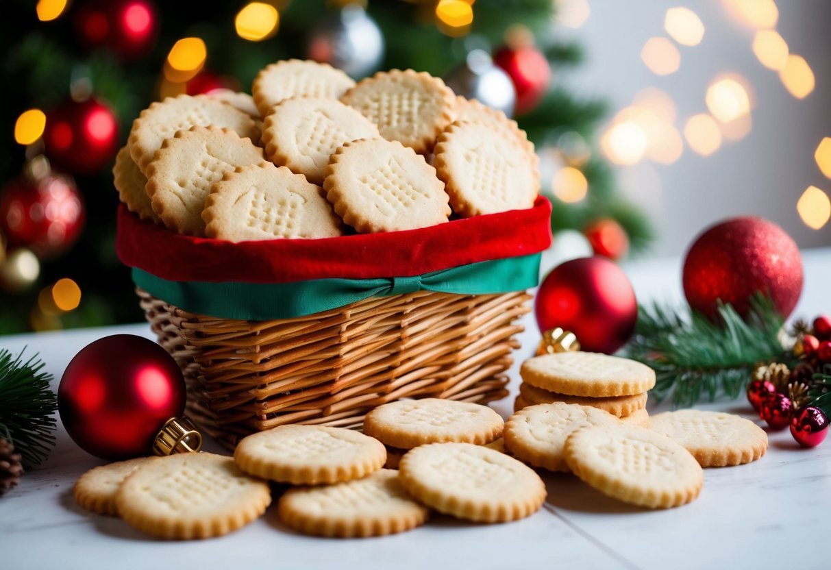 A festive gift basket overflowing with premium shortbread cookies and surrounded by Christmas decorations