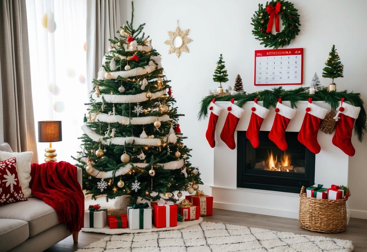 A cozy living room with a decorated Christmas tree, a traditional advent calendar, and festive stockings hanging by the fireplace