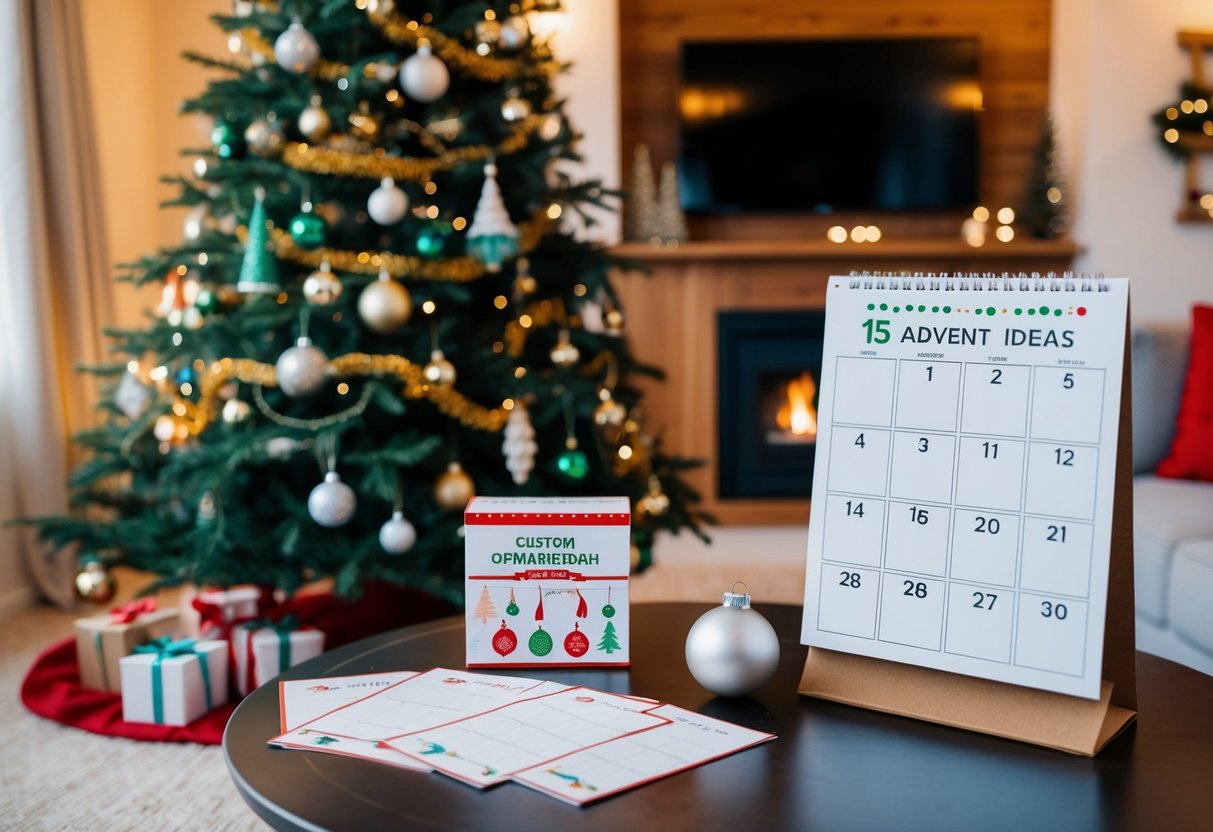 A cozy living room with a decorated Christmas tree, a table with a custom ornament kit, and a calendar with 15 advent ideas