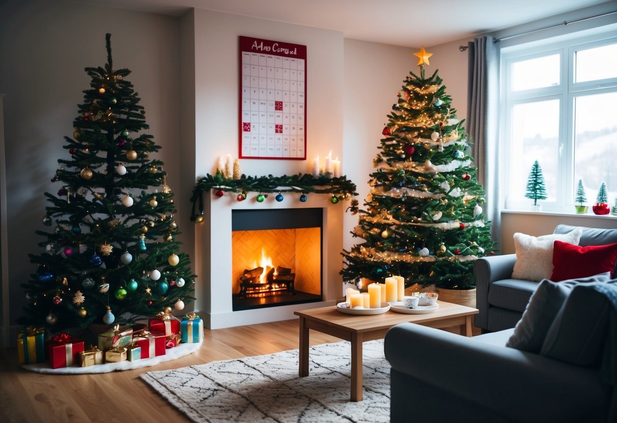 A cozy living room with a decorated Christmas tree, a glowing fireplace, and a colorful advent calendar on the wall