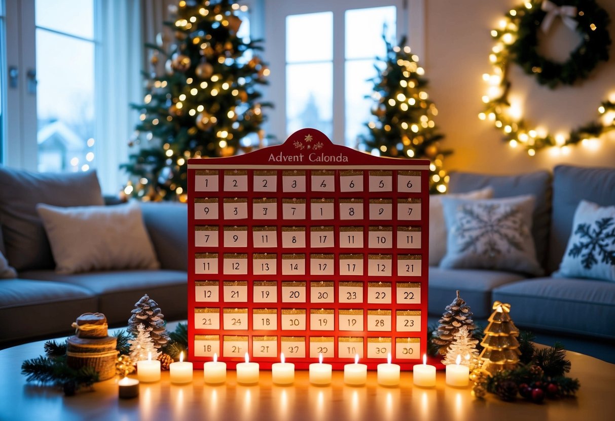 A cozy living room with a festive advent calendar display featuring 15 tiny candles, surrounded by twinkling lights and holiday decorations