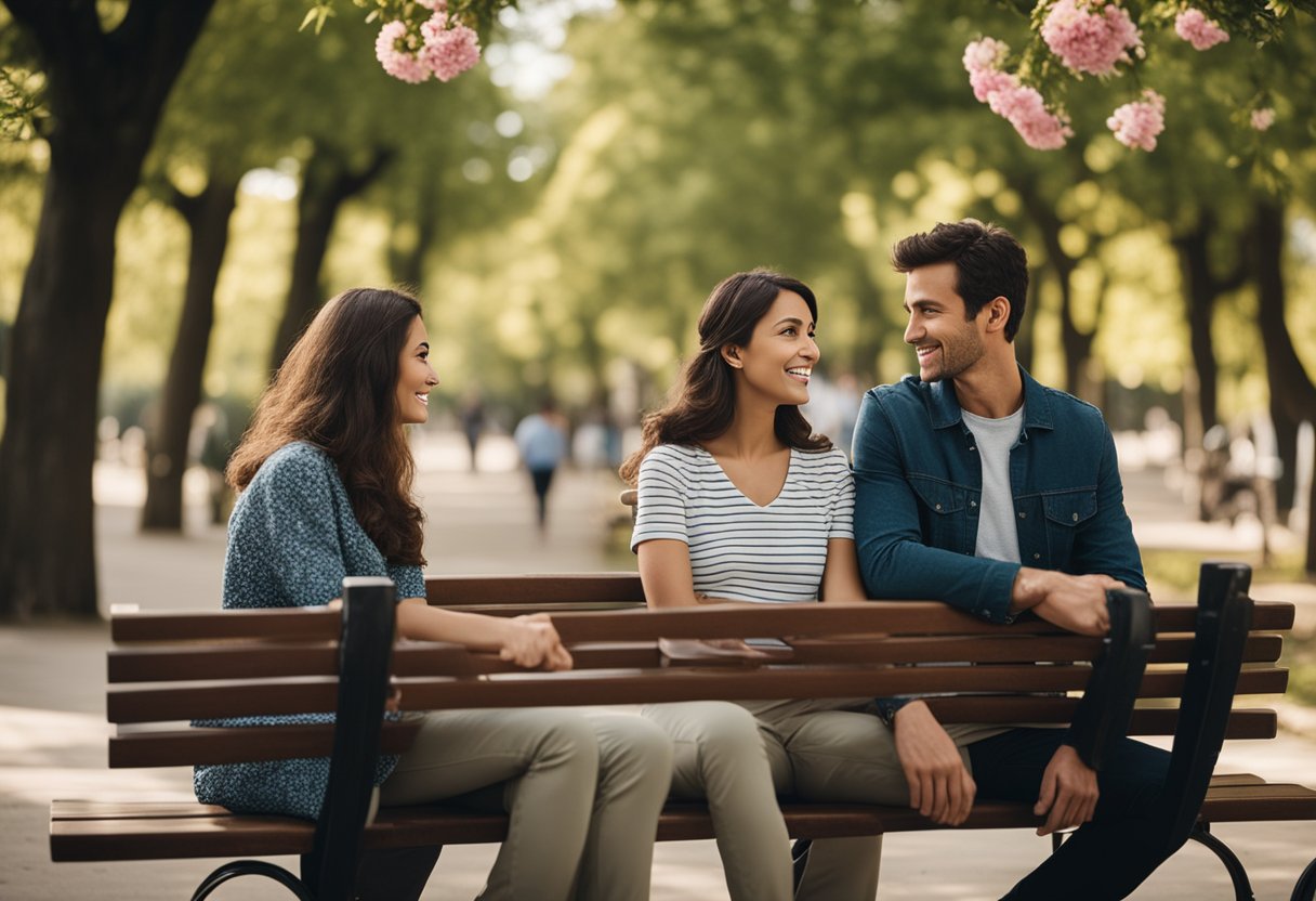 Et par, der sidder på en bænk i parken, vender mod hinanden med åbent kropssprog, engageret i en dyb samtale. De omkringliggende træer og blomster indikerer en fredelig og intim atmosfære.