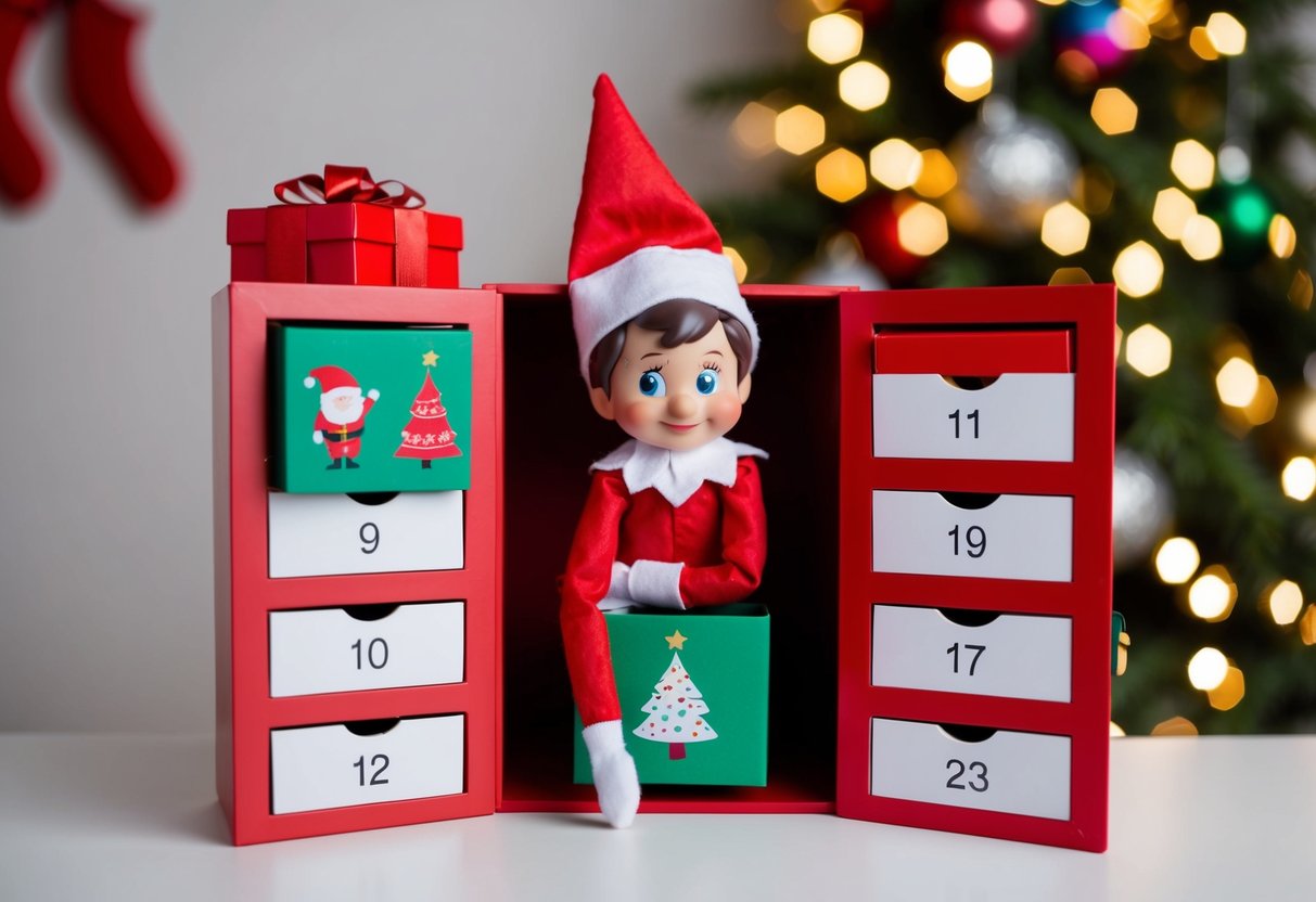 An elf on a shelf hiding behind a Christmas advent calendar, peeking out mischievously