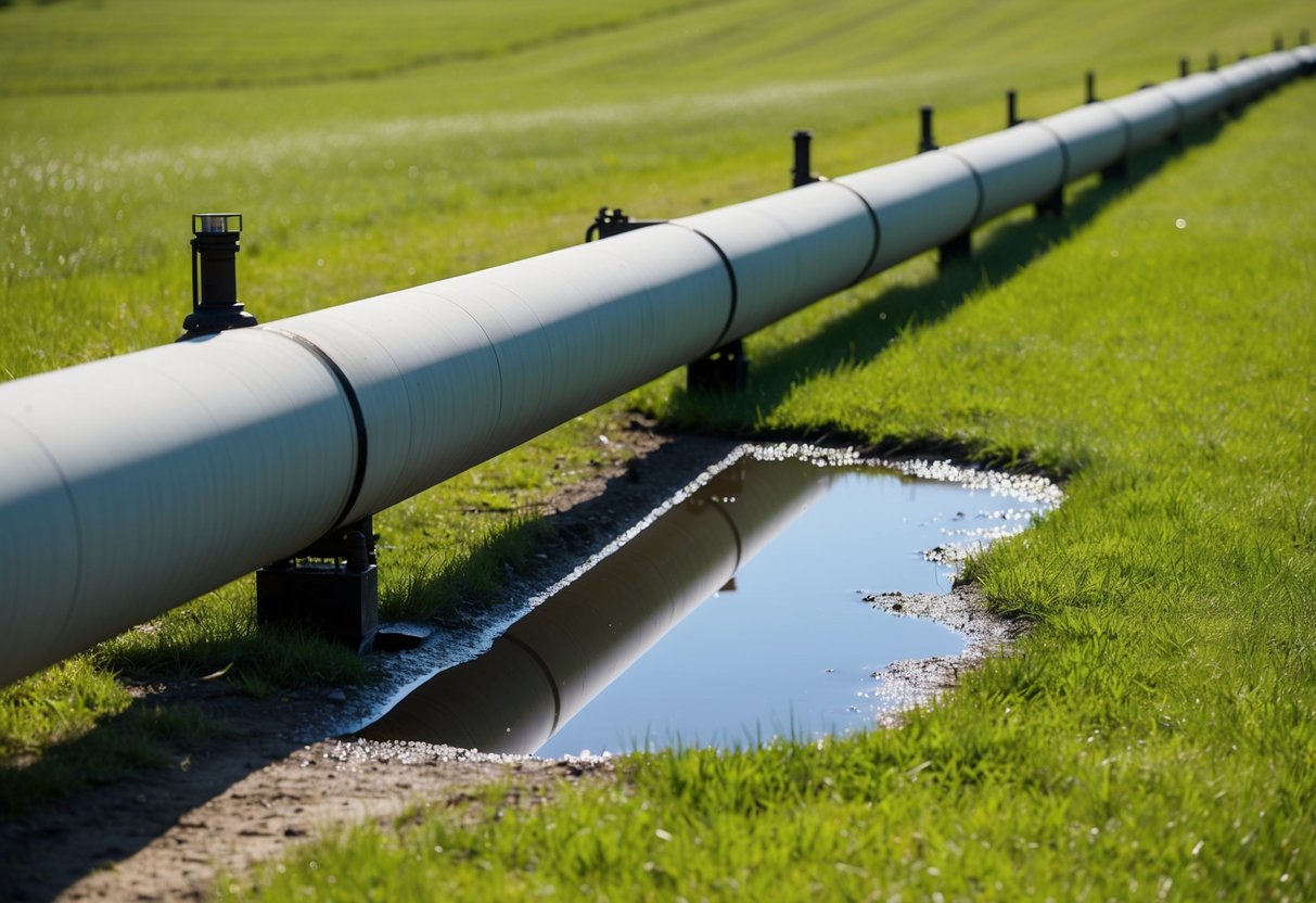 A pipeline leaking oil into a grassy field, with a small puddle forming around the leak