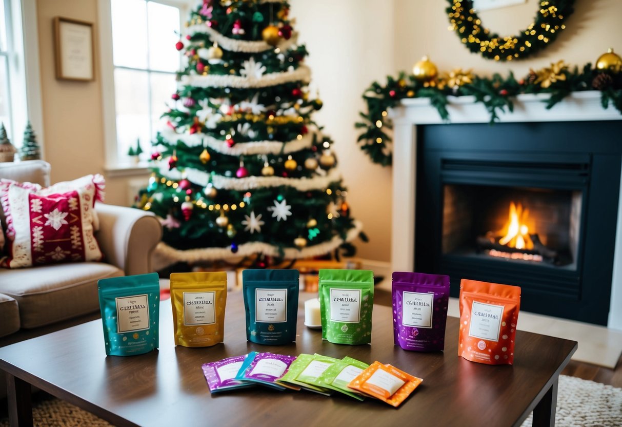 A cozy living room with a decorated Christmas tree, a crackling fireplace, and a table set with a variety of festive tea samplers in colorful packaging