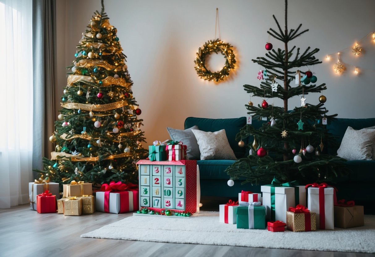 A cozy living room with a decorated Christmas tree, a stack of wrapped presents, and an advent calendar with small doors and festive decorations