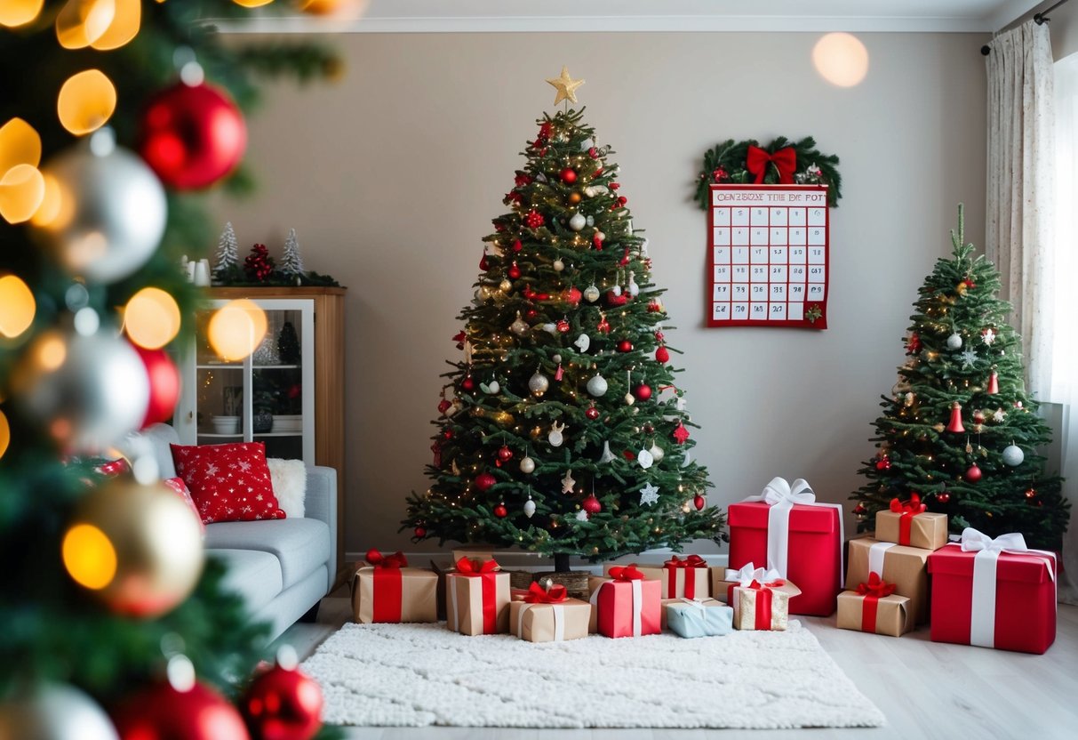 A cozy living room with a decorated Christmas tree, wrapped presents, and a festive advent calendar on the wall