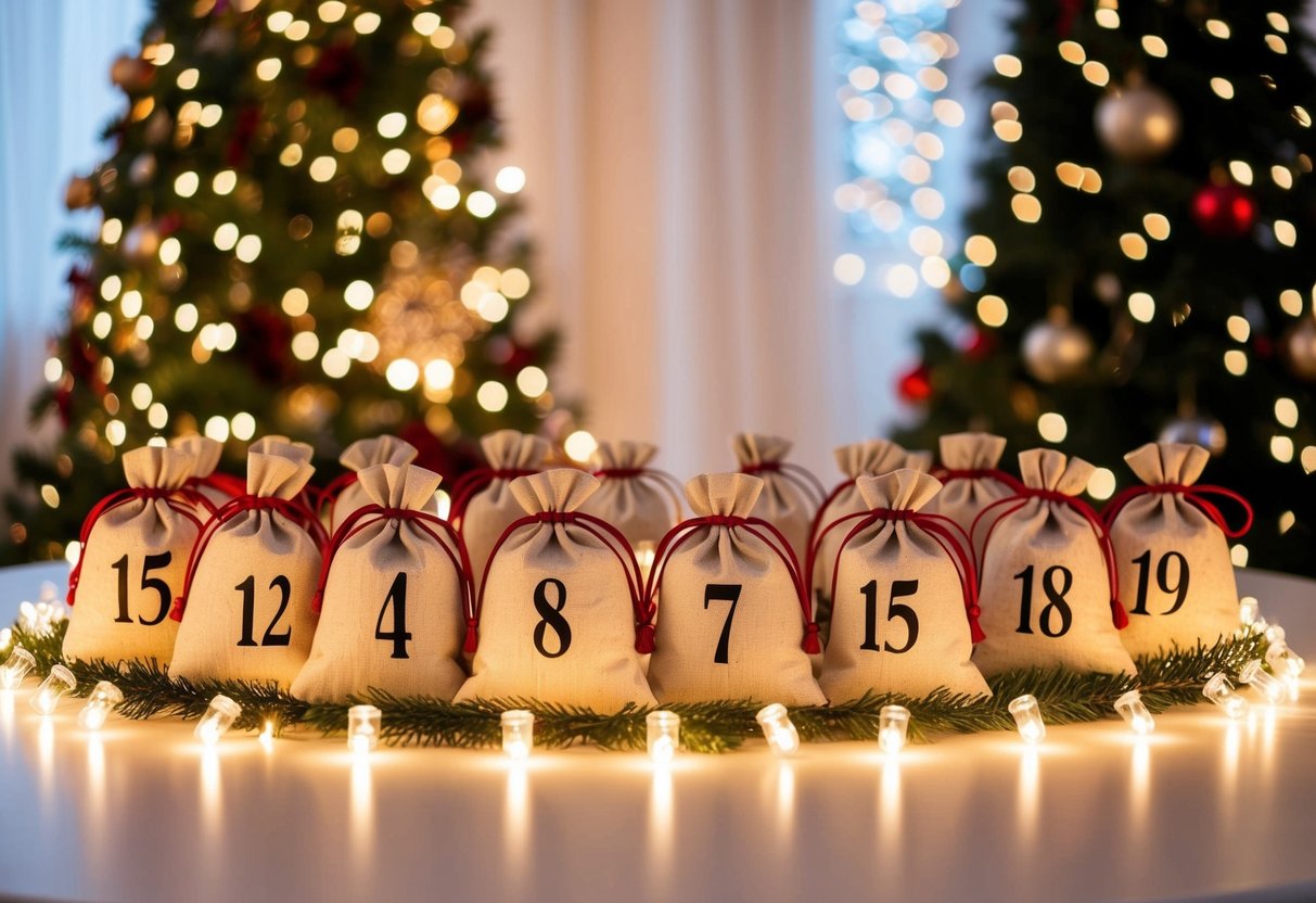 A festive table adorned with 15 scented sachet bags, each labeled with a number, surrounded by twinkling lights and holiday decorations