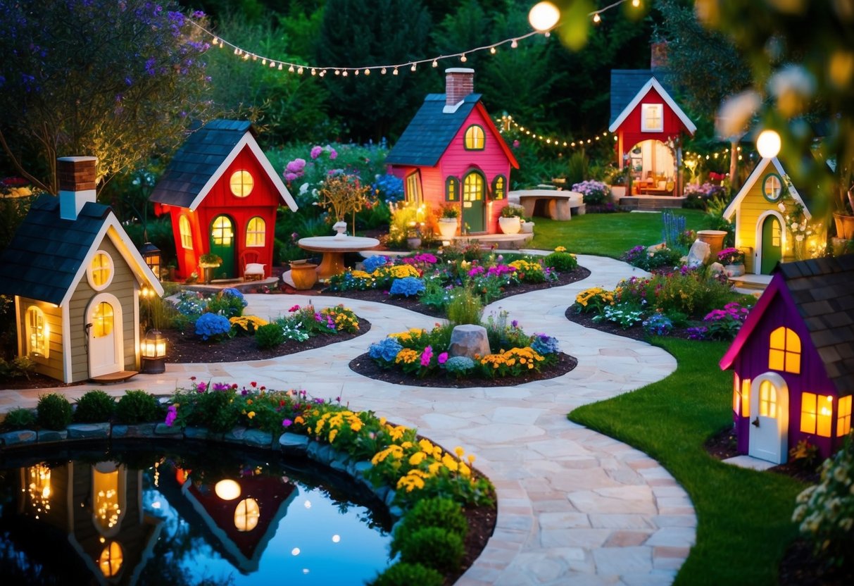 A whimsical garden with tiny houses, colorful flowers, and twinkling lights. A winding path leads to a sparkling pond and a cozy gathering area