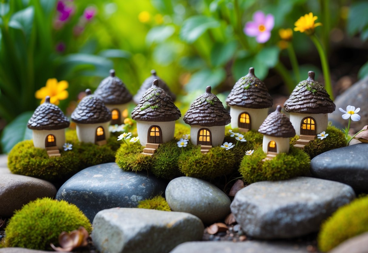 A cluster of miniature acorn houses nestled among mossy rocks and tiny flowers in a whimsical fairy garden