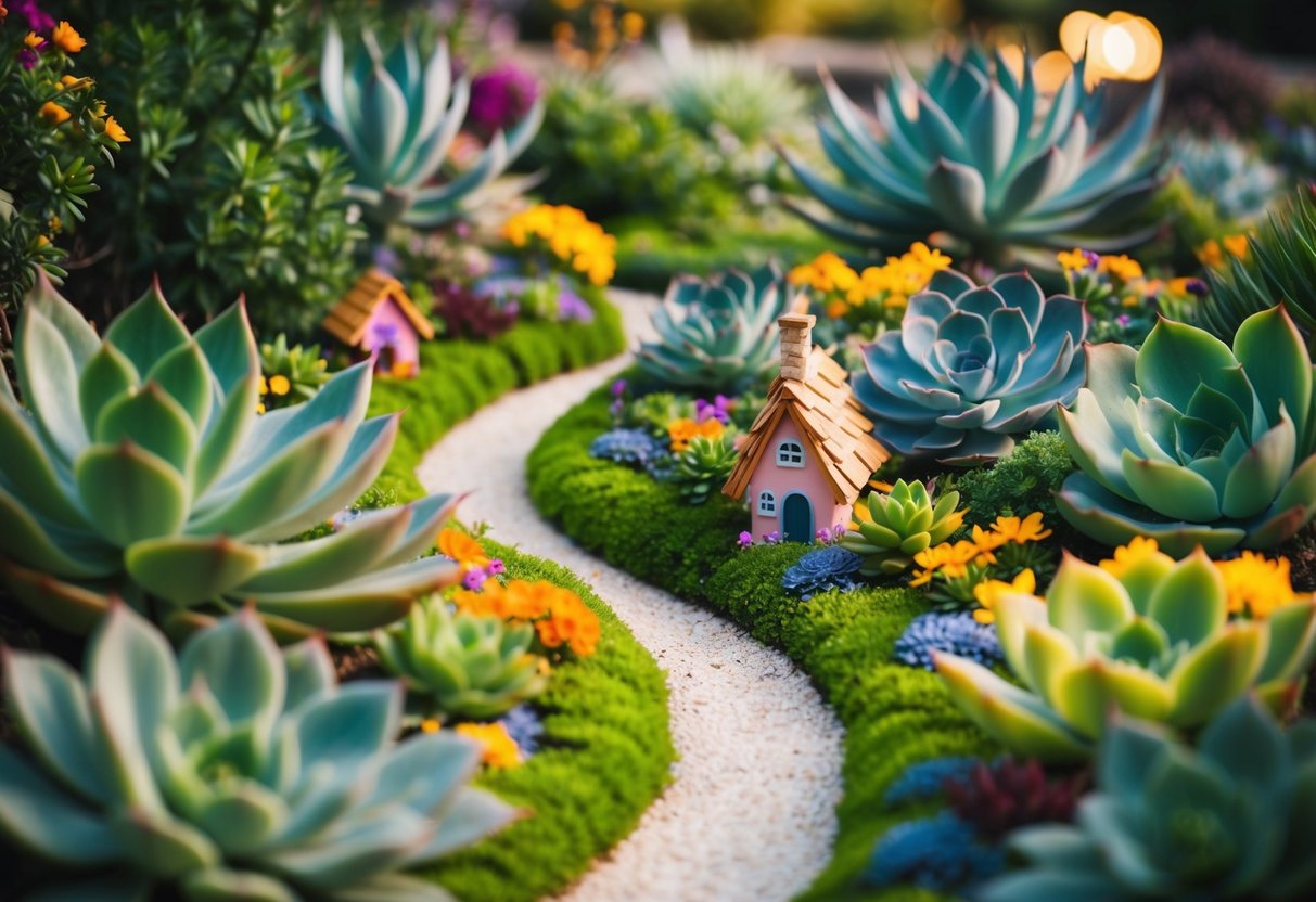 A winding path through a lush succulent garden, with tiny fairy houses tucked among the greenery and colorful flowers