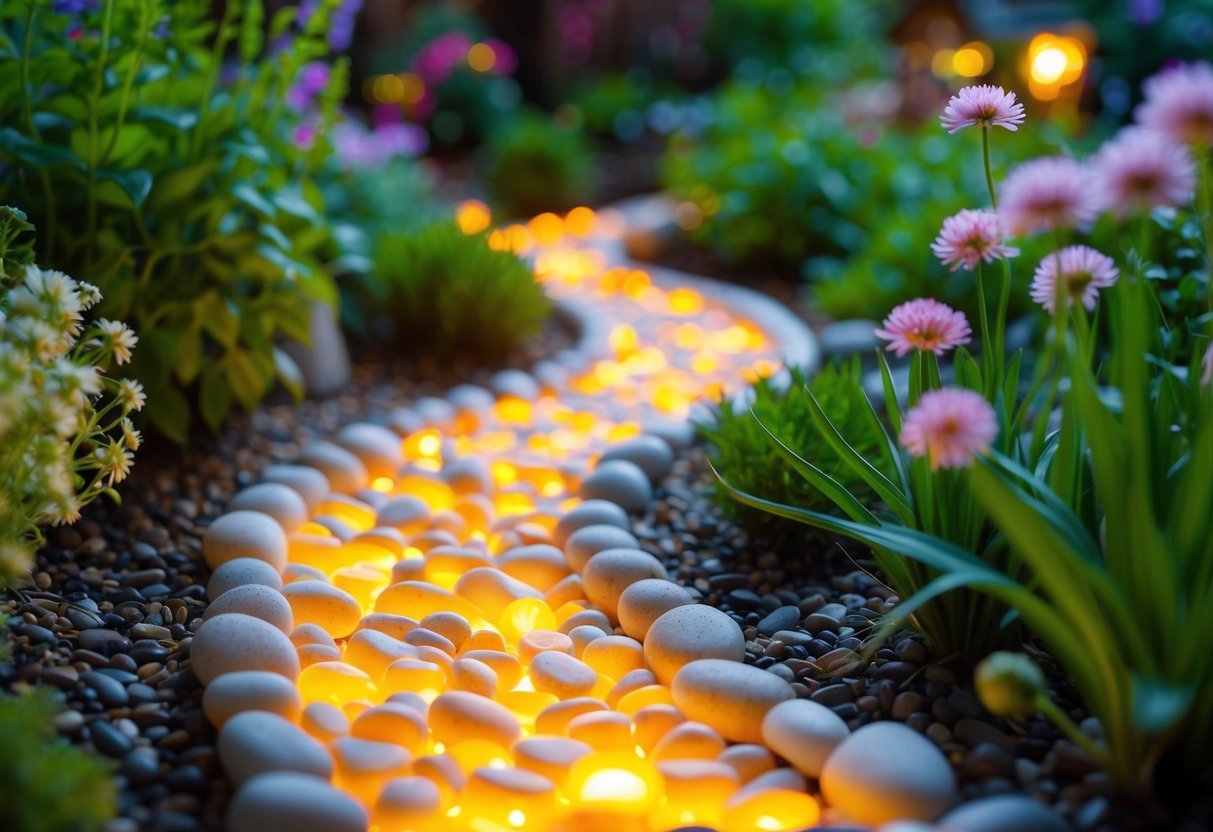 A winding path of glowing pebbles leads through a whimsical fairy garden, surrounded by lush greenery and delicate flowers