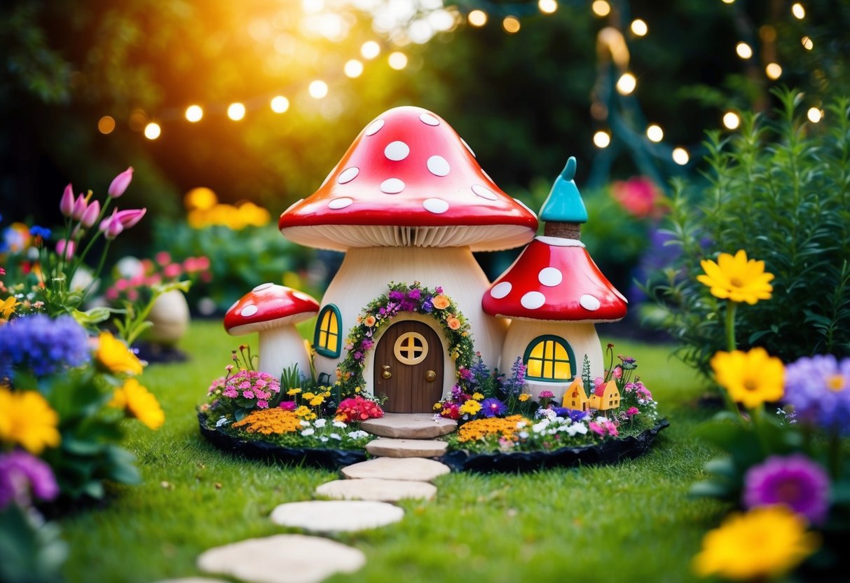 A charming mushroom cottage nestled in a lush fairy garden, surrounded by colorful flowers, twinkling lights, and whimsical decorations