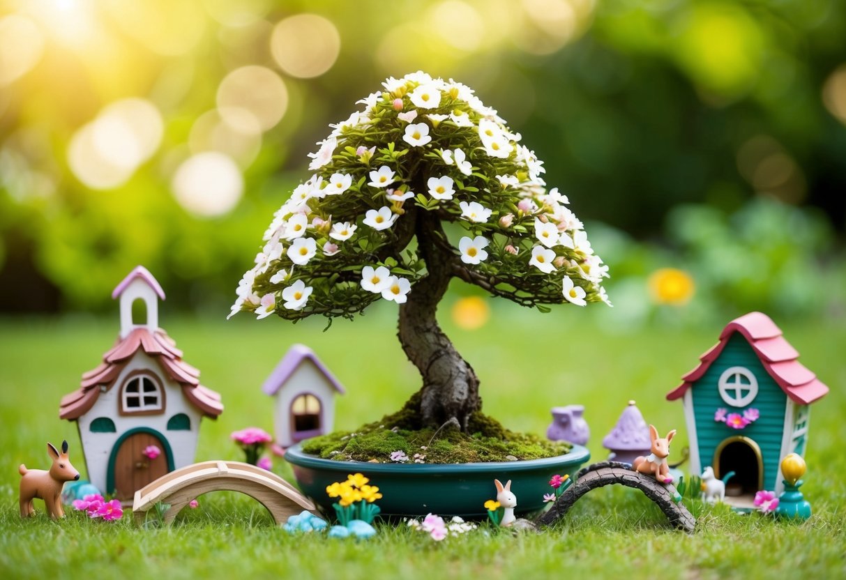 A tiny flower bonsai tree surrounded by fairy garden accessories, such as miniature houses, bridges, and animals, creating a whimsical and enchanting scene