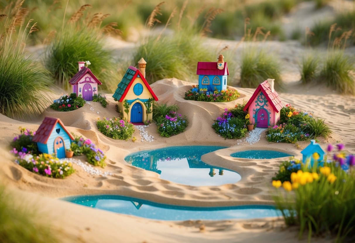 A magical beach with whimsical fairy gardens nestled among the sand dunes, filled with tiny houses, sparkling ponds, and colorful flowers