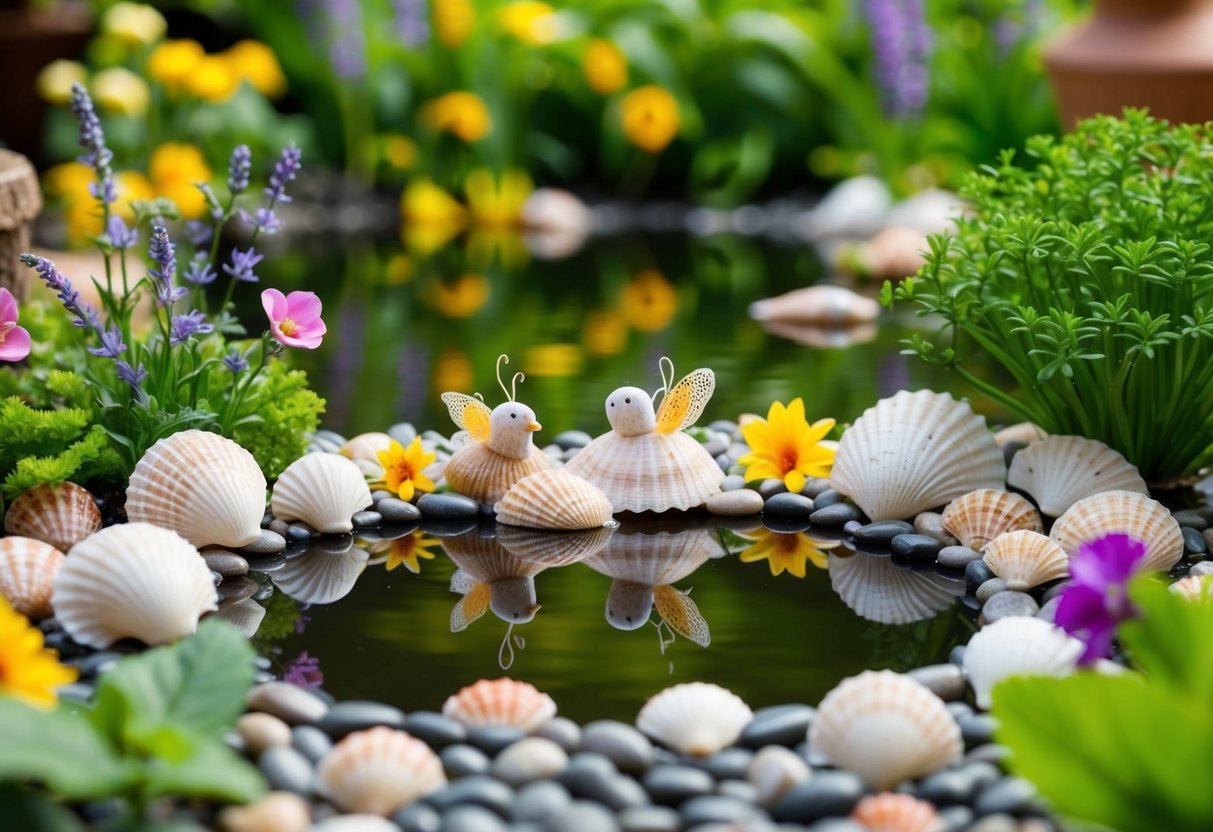 A serene pond surrounded by seashells and delicate fairy garden decorations, with colorful flowers and lush greenery