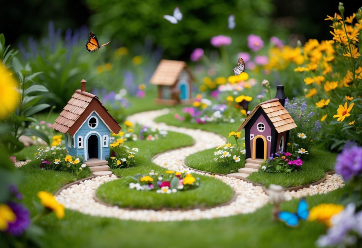 A small, whimsical garden with tiny houses, colorful flowers, and winding paths. A tiny stream flows through the center, and butterflies flutter around