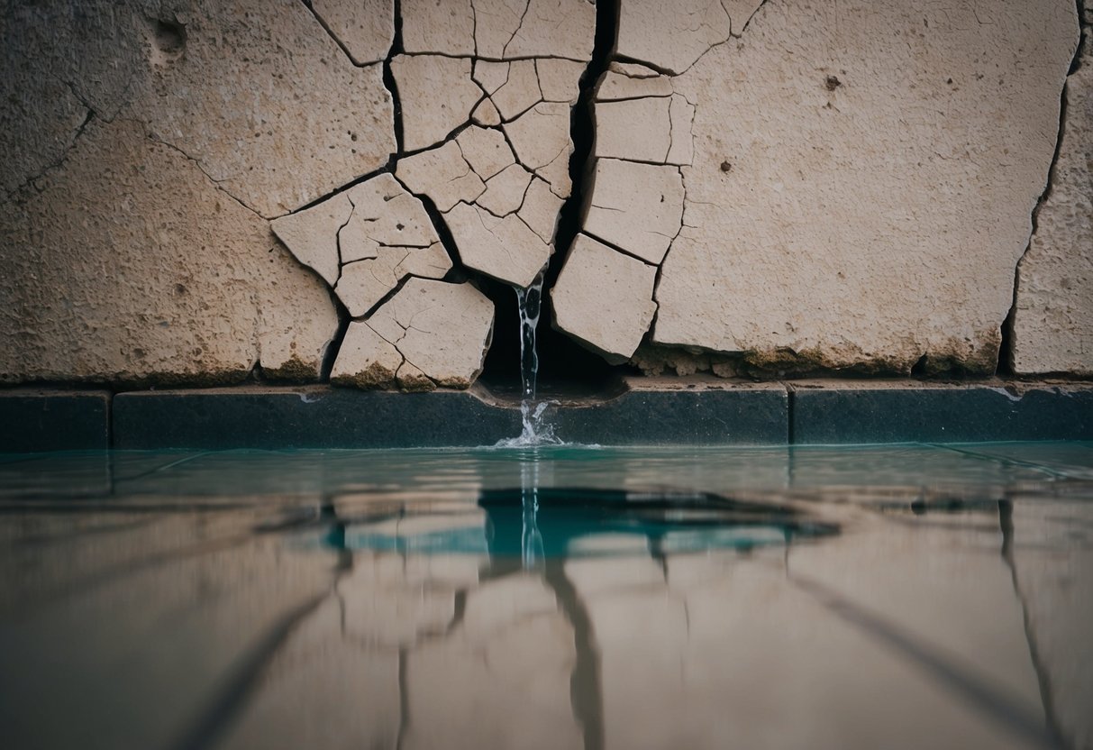 Water seeping through cracked wall, forming a small pool on the floor