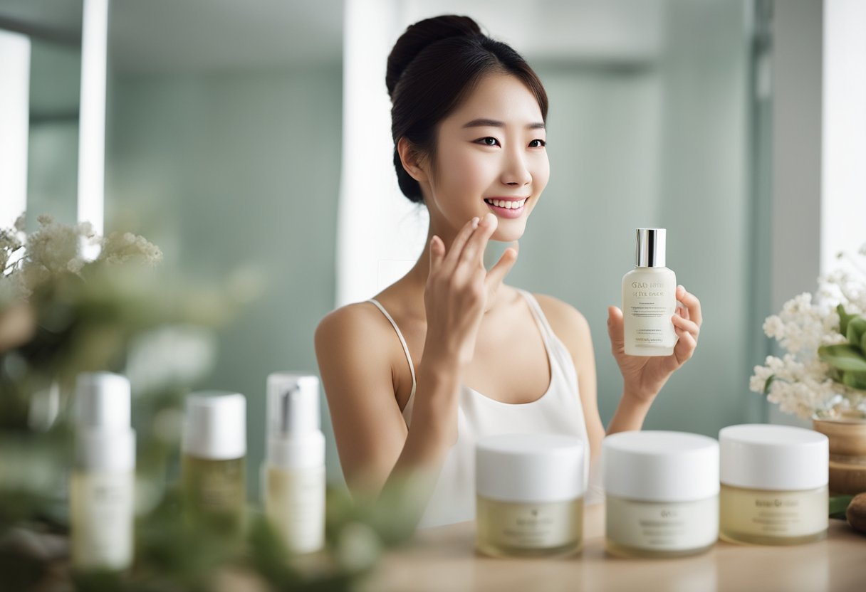 A woman applying top-selling Korean skin care products from www.oliveyoung.com, including oil cleanser, toner, essence, serum, moisturizer, and sunscreen