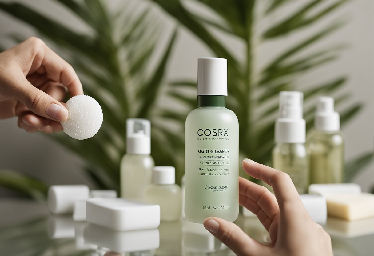 A woman's hand squeezes a dollop of Cosrx Low pH cleanser onto a palm, surrounded by bottles of Korean skincare products from Olive Young