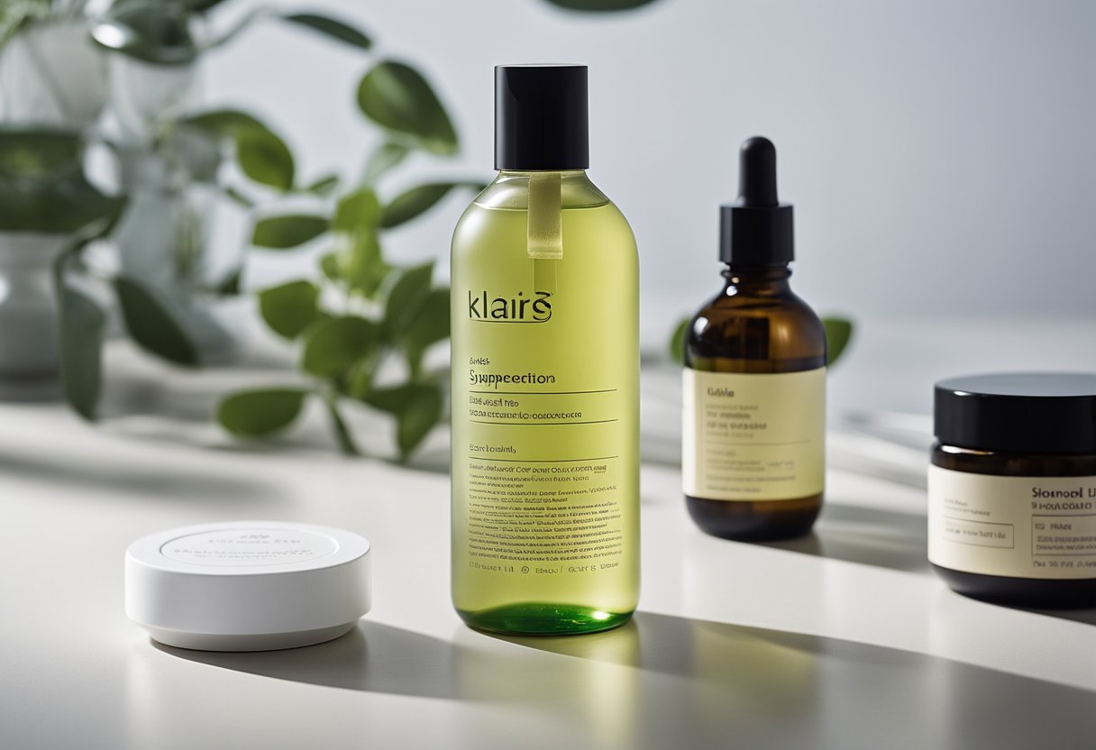 A bottle of Klairs Supple Preparation Unscented Toner sits next to a selection of Korean skincare products from www.oliveyoung.com, including a bottle of oil