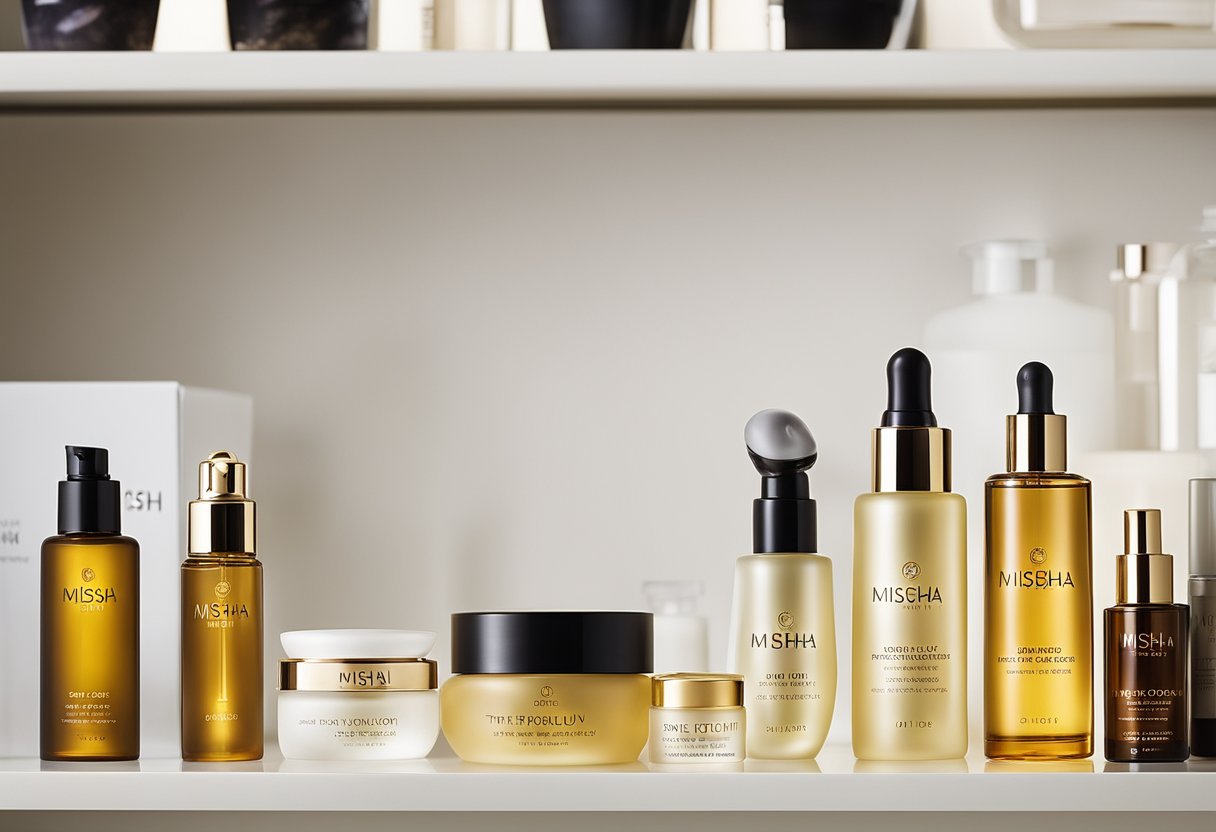 A bottle of Missha Time Revolution Night Repair Probio Ampoule sits on a shelf next to other Korean skincare products from www.oliveyoung.com, including a bottle of oil