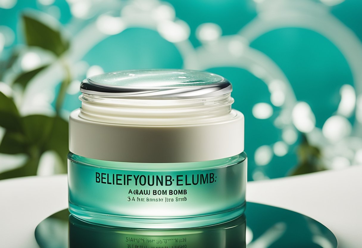 A clear glass jar of Belif The True Cream Aqua Bomb sits among various skincare products from www.oliveyoung.com, including a bottle of oil