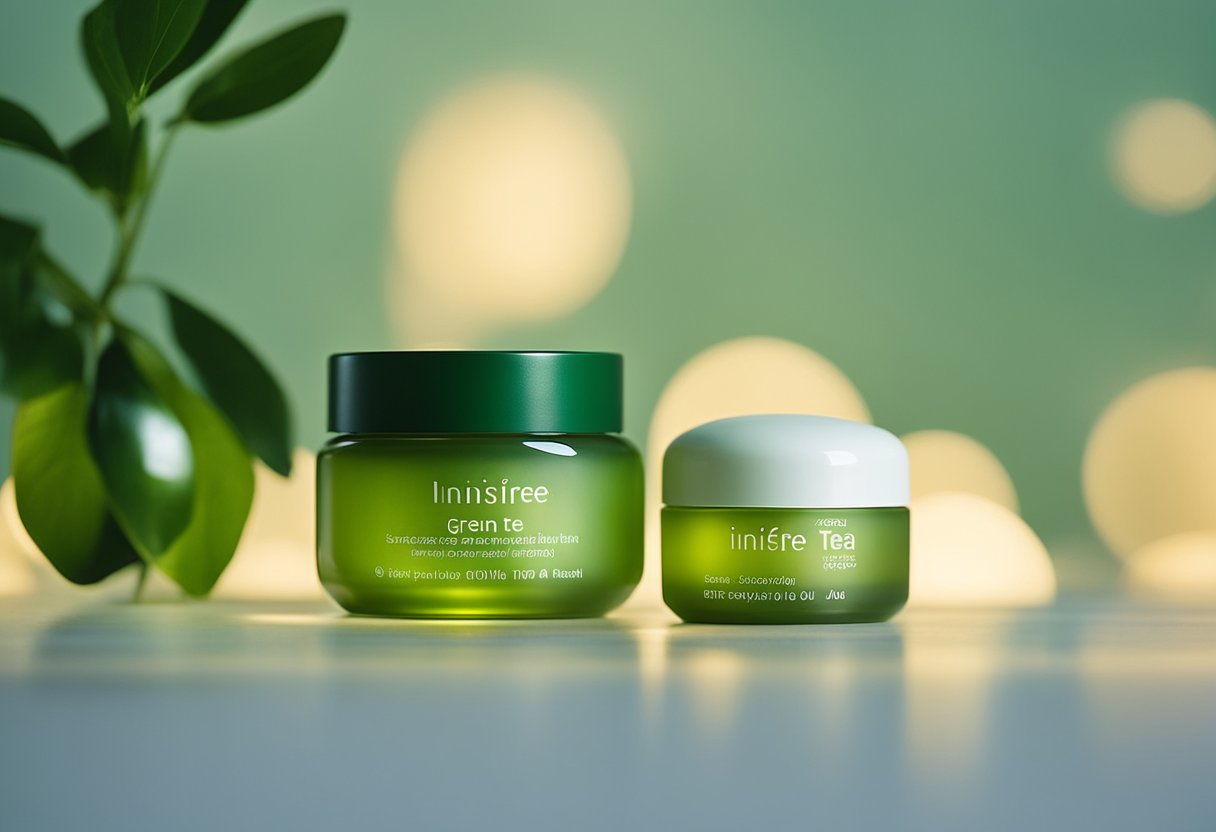 A serene night scene with a jar of Innisfree Green Tea Sleeping Mask and other Korean skincare products from Olive Young, including a bottle of oil