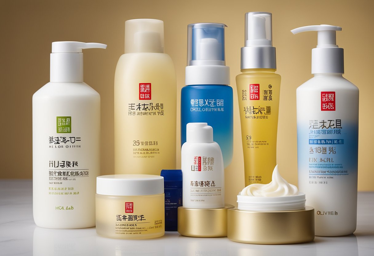 A bottle of Hada Labo Gokujyun Moisturizing Milk sits alongside other Korean skin care products from www.oliveyoung.com, including a bottle of oil