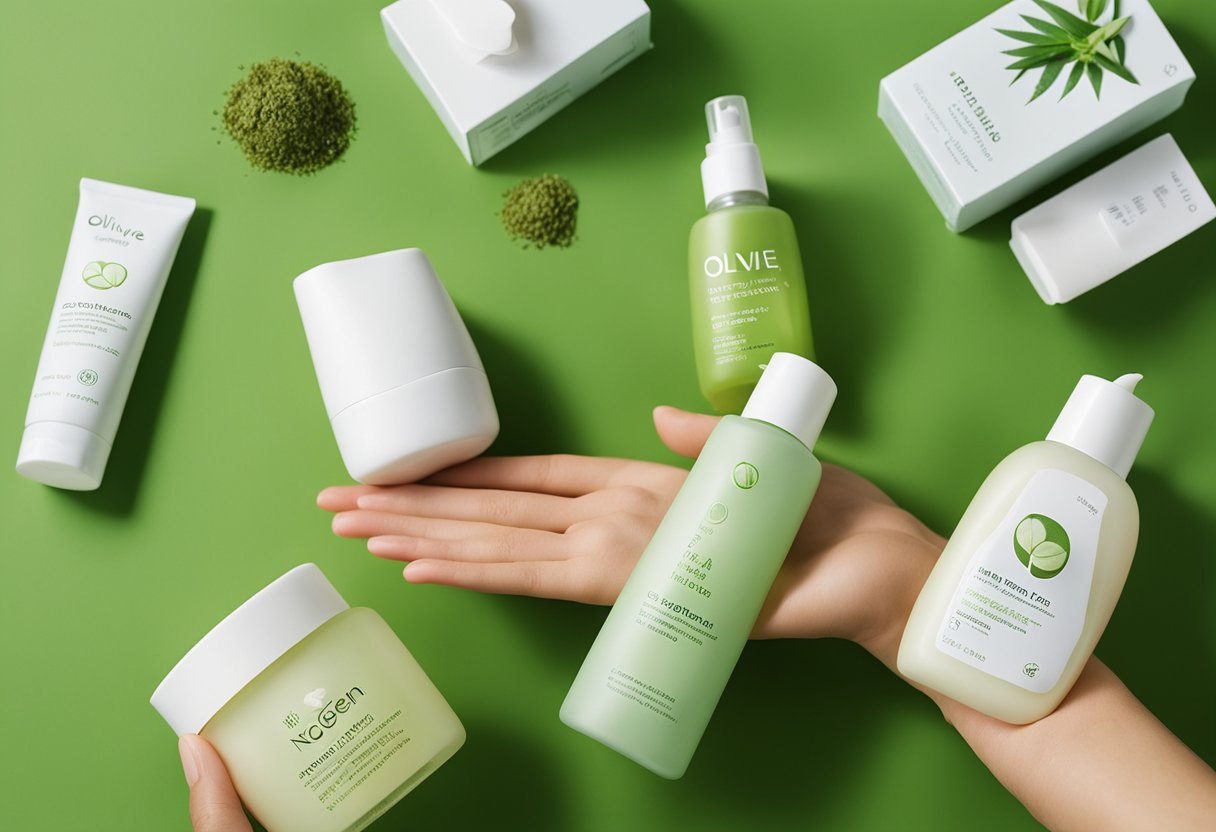 A hand squeezes Neogen Green Tea Real Fresh Foam Cleanser onto a palm, surrounded by other Korean skincare products from www.oliveyoung.com