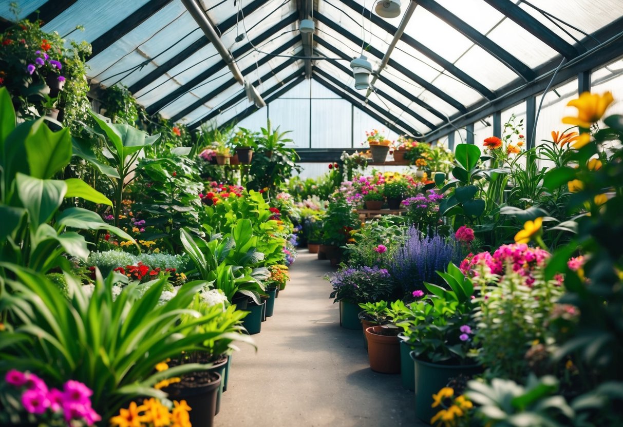 A lush greenhouse filled with a variety of plants and flowers, with natural light streaming in through the glass ceiling and creating a vibrant, colorful atmosphere