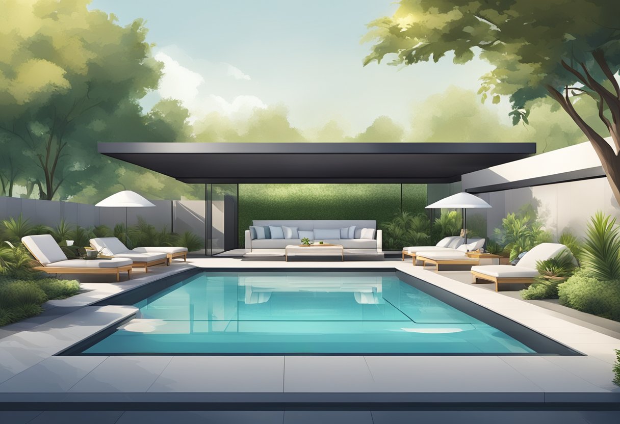 A pool with a sleek, modern cover, surrounded by lush landscaping and elegant outdoor furniture