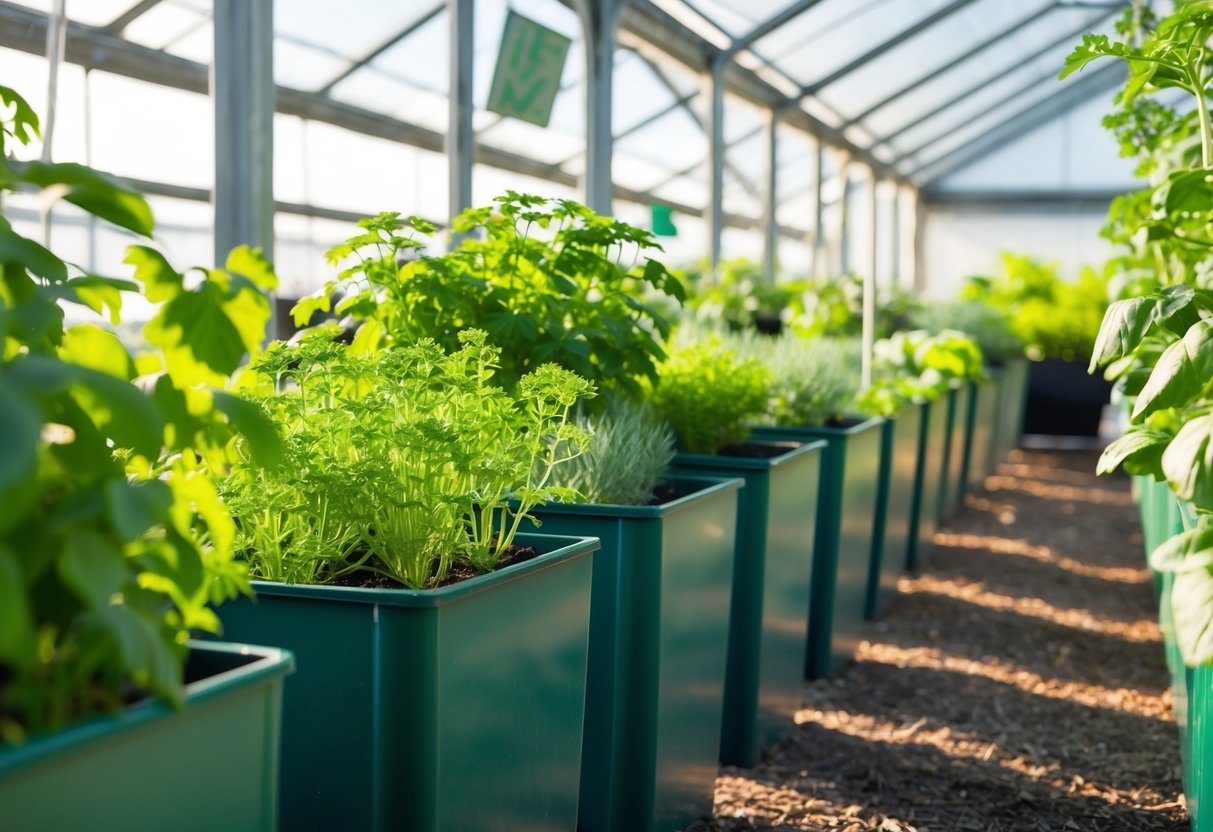 A row of vertical herb planters inside a greenhouse, filled with lush green plants and bathed in natural sunlight