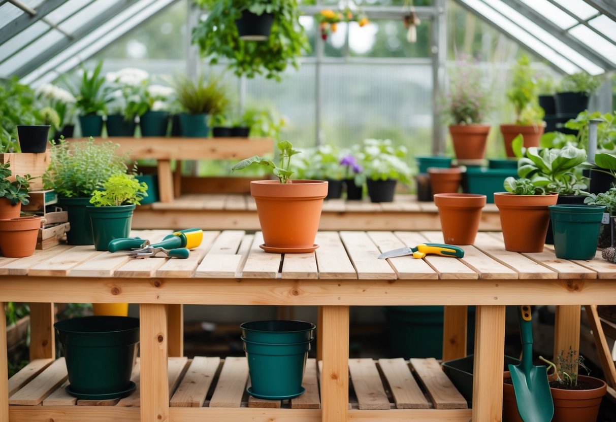 Cedar potting benches in a greenhouse with various plant pots and gardening tools