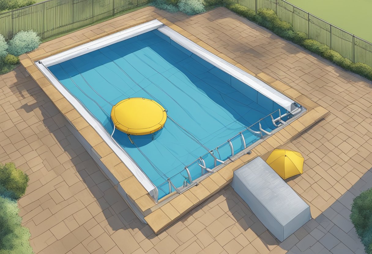 A pool cover being installed onto a pool, with a focus on the mechanisms and hardware used for installation and maintenance